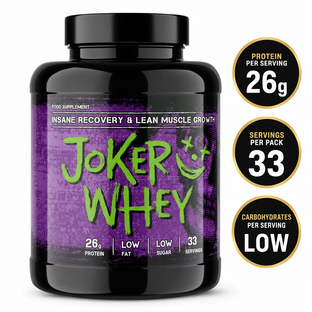 Joker Nutrition Joker Whey 1000g whey protein supplement in a black tub with purple label, 26g protein per serving and 33 servings