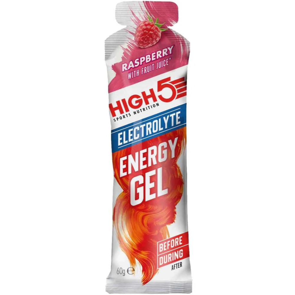 High5 Energy Gel Electrolyte raspberry flavour sports nutrition gel, 60g sachet, designed for energy and hydration during exercise, with added electrolytes.
