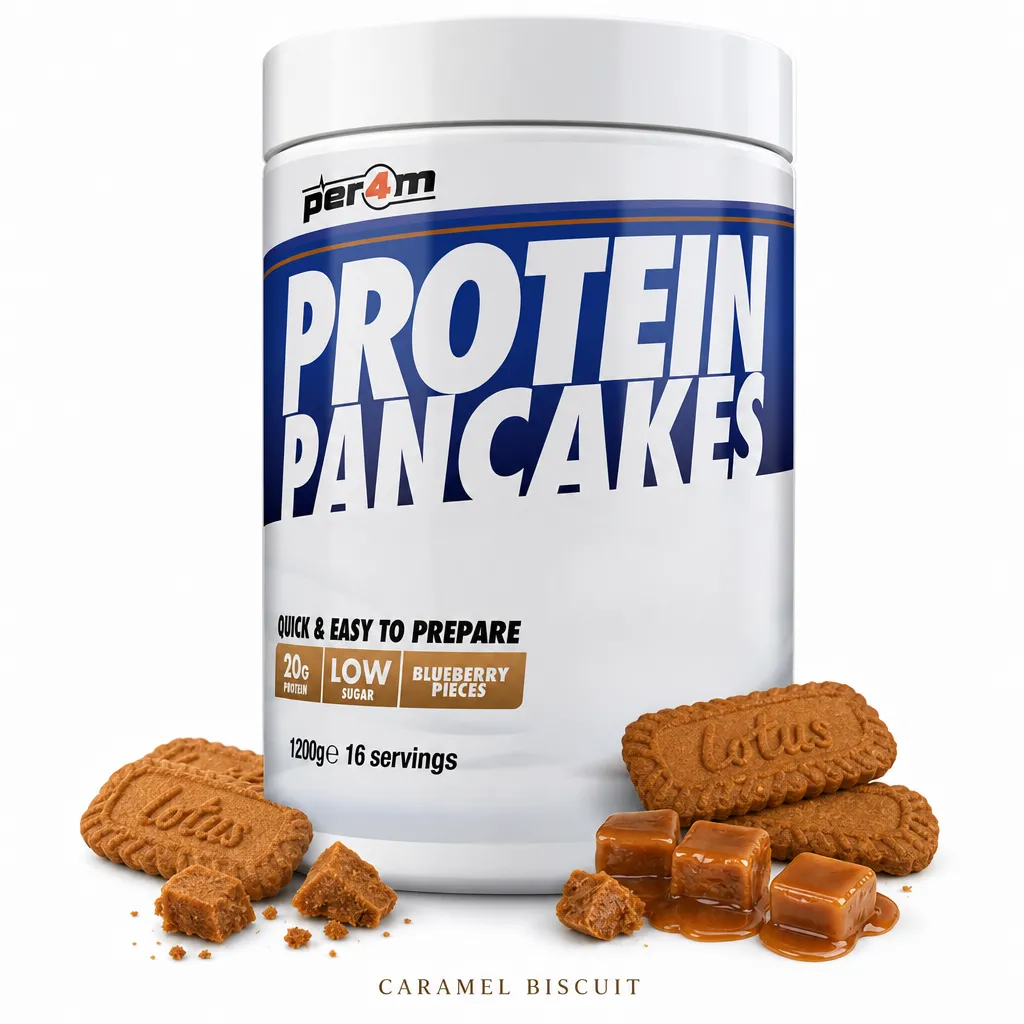 Per4m Protein Pancakes 1200g Caramel Biscuit flavor, high-protein pancake mix with 20g protein per serving, low sugar, and caramel biscuit pieces.