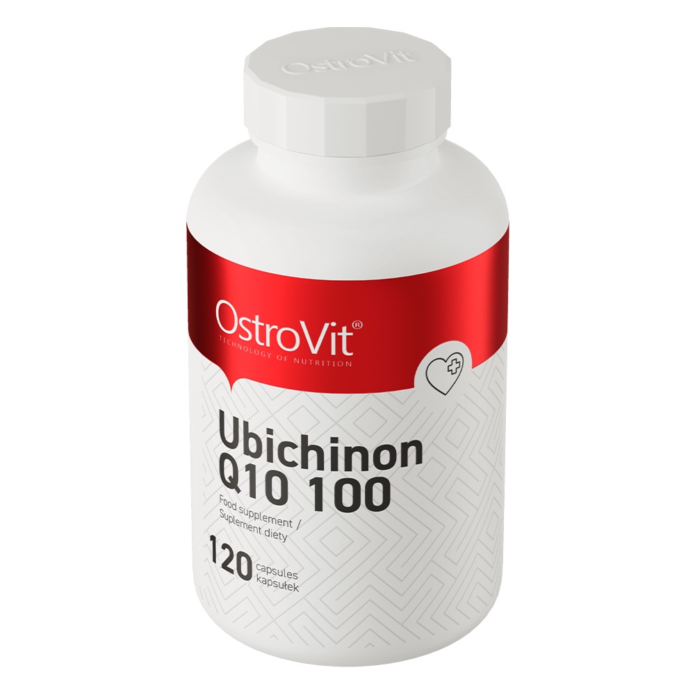 OstroVit Ubiquinone Q10 100 softgel capsules, small oval red or dark capsules shown outside the bottle