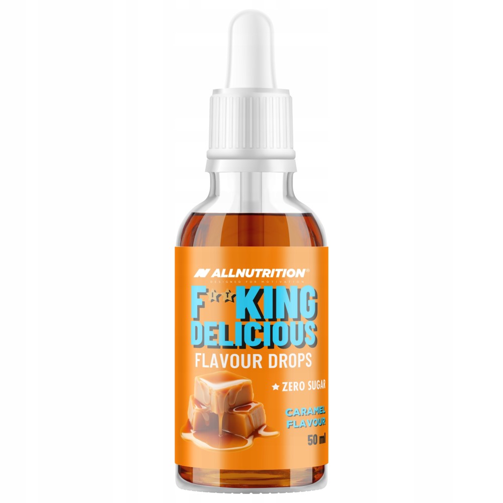 Allnutrition Fitking Delicious Flavour Drops caramel flavour, zero sugar, 50ml bottle with caramel pieces on the label, orange and white design.