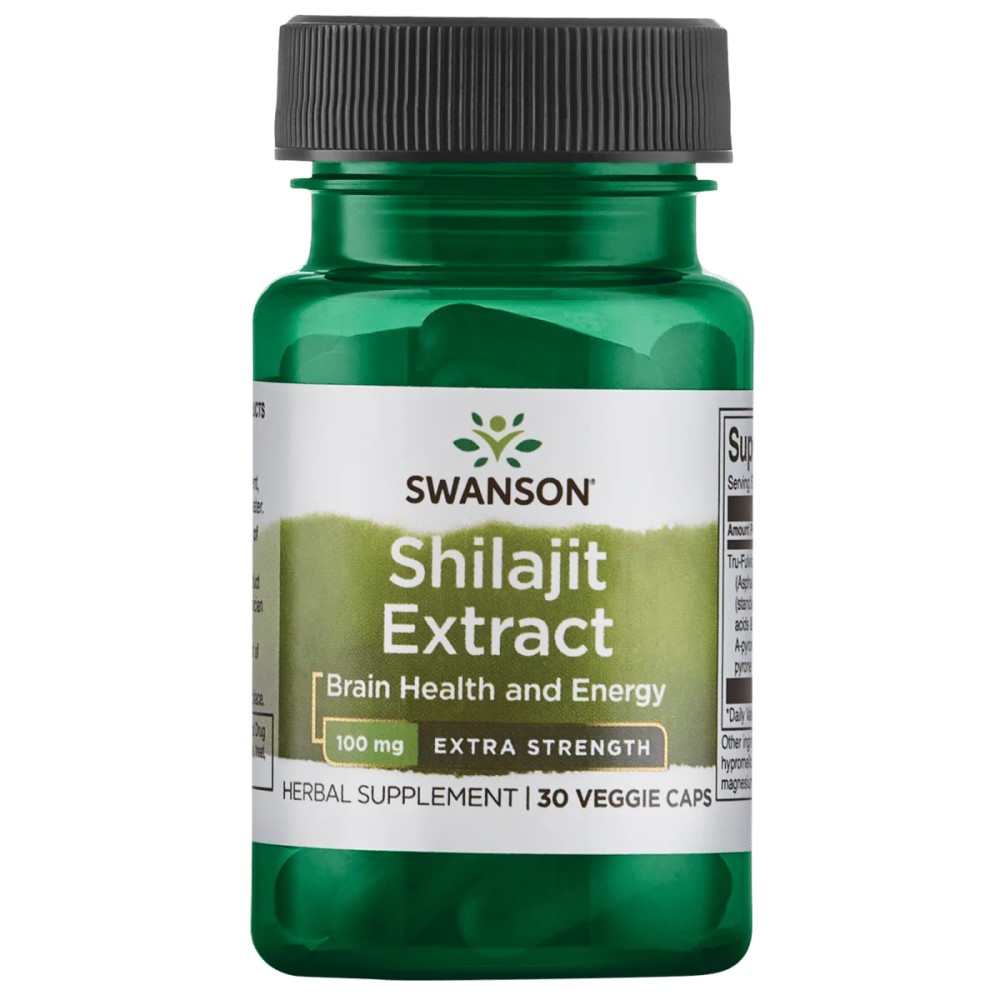 Swanson Shilajit Extract herbal supplement, extra strength 100mg, for brain health and energy, in a green bottle containing 30 veggie capsules.
