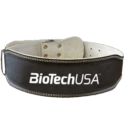BioTechUSA Leather Lifting Belt, a black leather weightlifting belt with white stitching, designed for gym and strength training support.