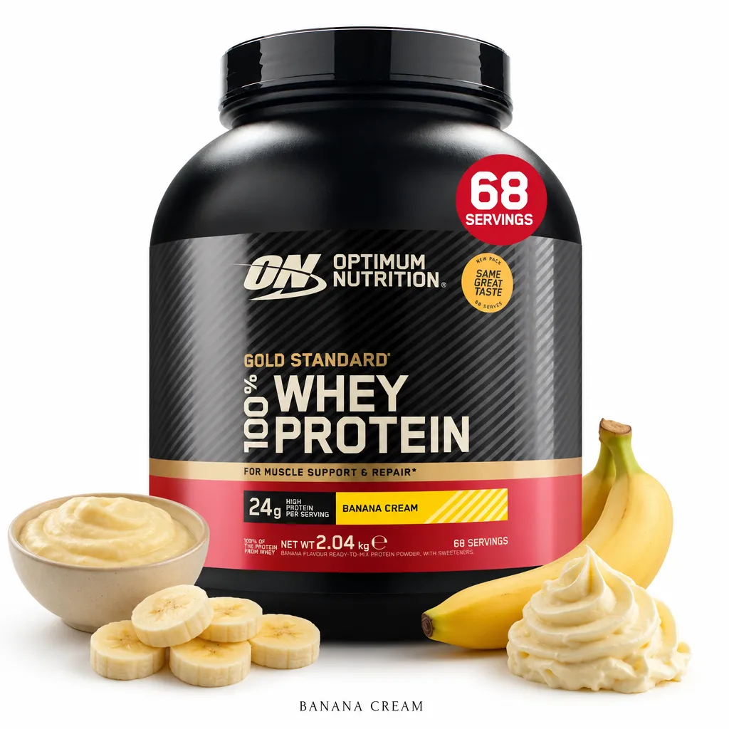 Optimum Nutrition Gold Standard 100% Whey 2010g Banana Cream protein powder, featuring 24g protein per serving, low fat, and banana cream flavor in a large black tub.