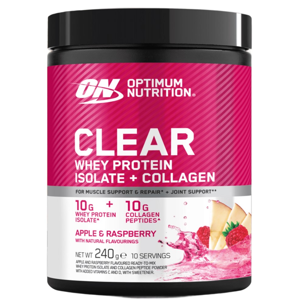 Optimum Nutrition Clear Whey Protein Isolate + Collagen, apple and raspberry flavour, 240g tub with 10g whey protein isolate and 10g collagen peptides per serving.