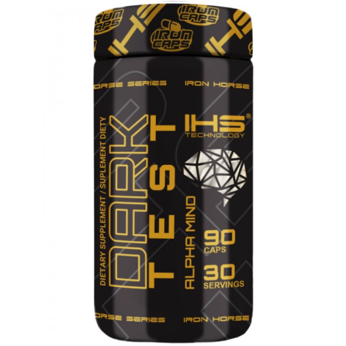 Iron Horse Dark Test Alpha Mind 90 Caps bottle, black container with bold branding and supplement label details