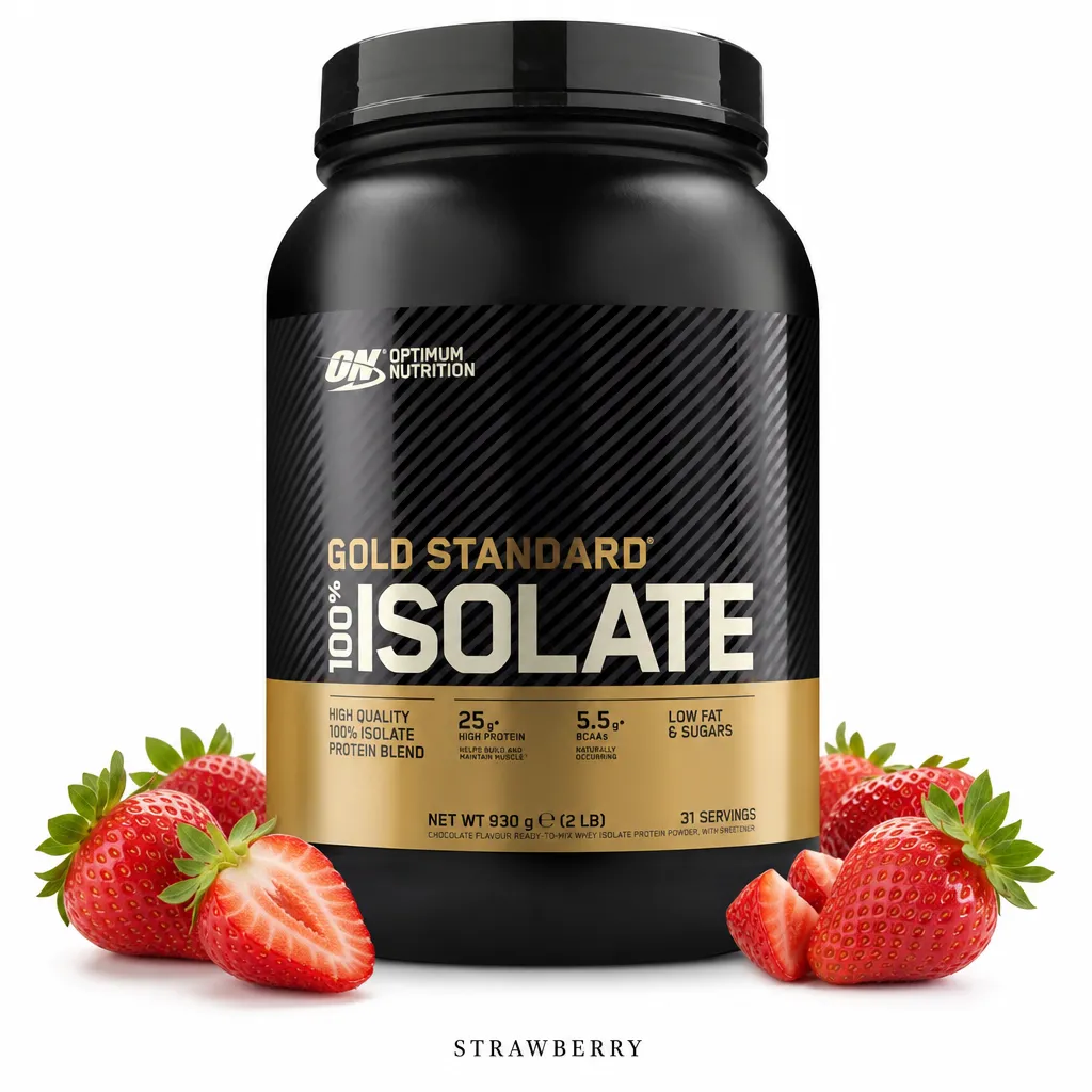 Optimum Nutrition Gold Standard 100% Isolate 930g strawberry flavour whey protein isolate powder, featuring a black and gold container with fresh strawberries, 25g protein per serving, low fat and sugar.
