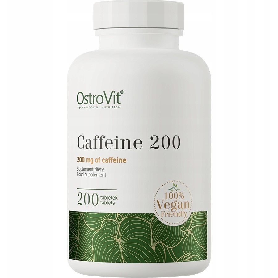OstroVit Caffeine 200 vegan-friendly caffeine supplement, 200 tablets, 200 mg caffeine per tablet, white bottle with green leaf design and vegan label.