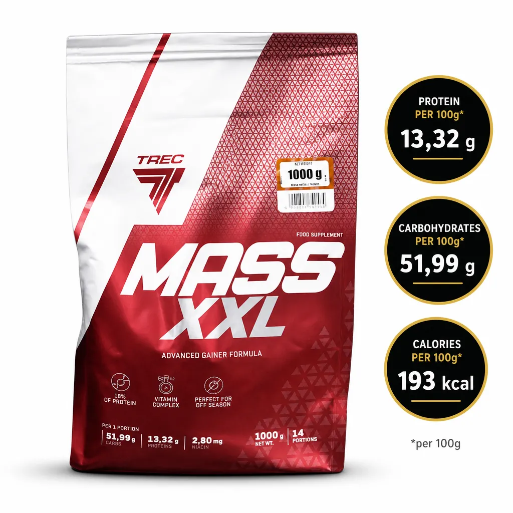 Trec Nutrition Mass XXL 1000g mass gainer supplement in a red and white pouch with 14 servings