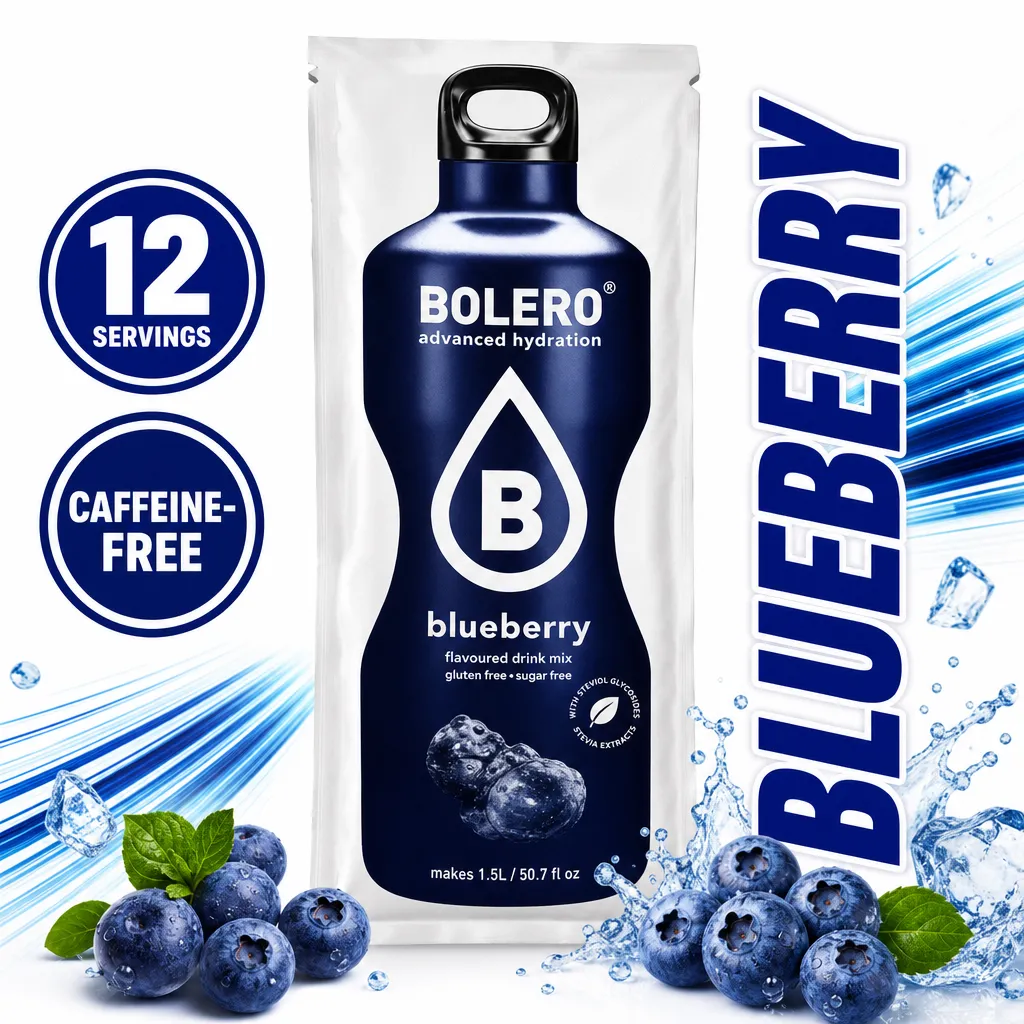 Bolero Hydration Powder Drink, blueberry-flavoured sugar-free drink mix in a 3g sachet pack with 12 servings