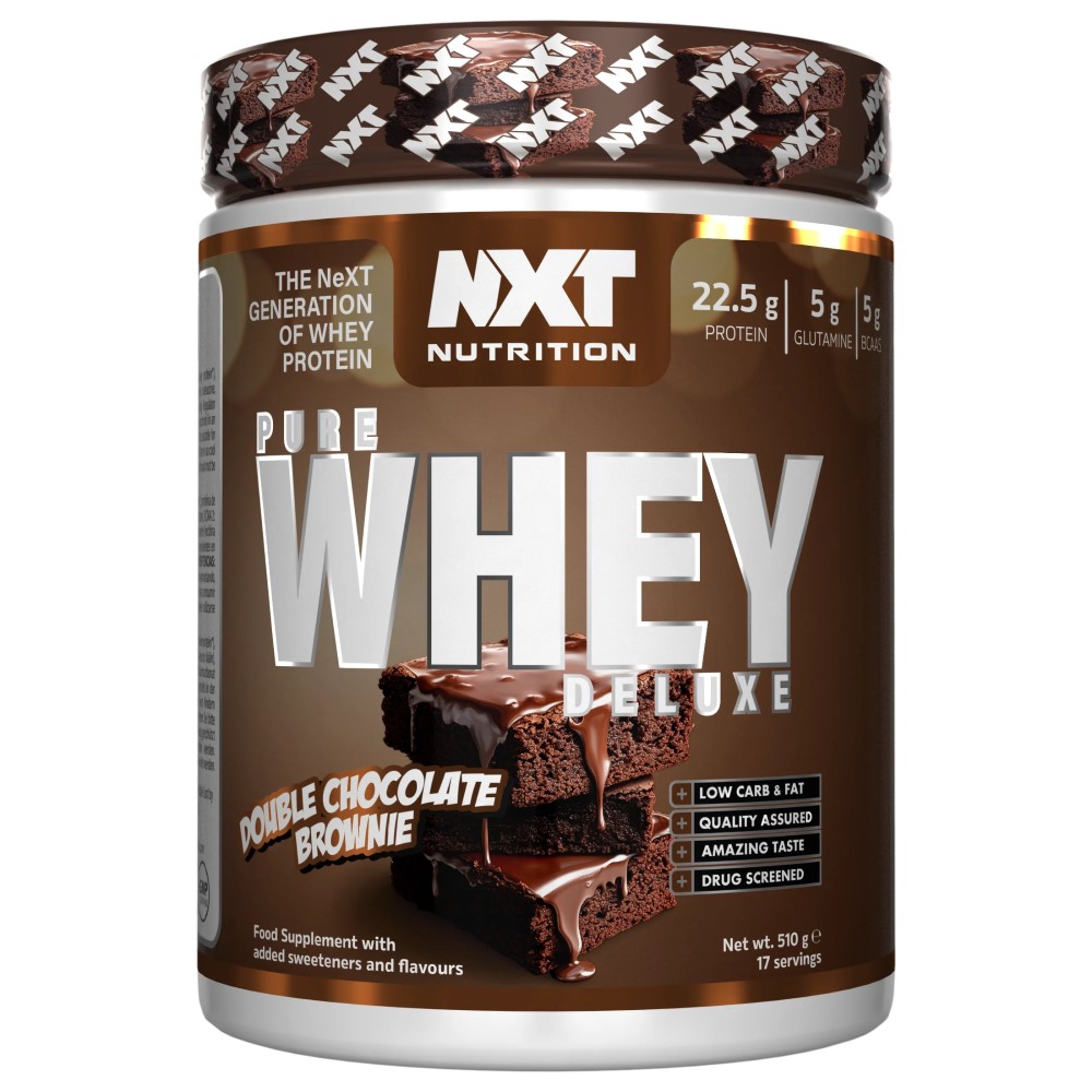 NXT Nutrition Pure Whey Deluxe Double Chocolate Brownie 510g protein powder supplement, chocolate flavour, brown tub with brownie image.