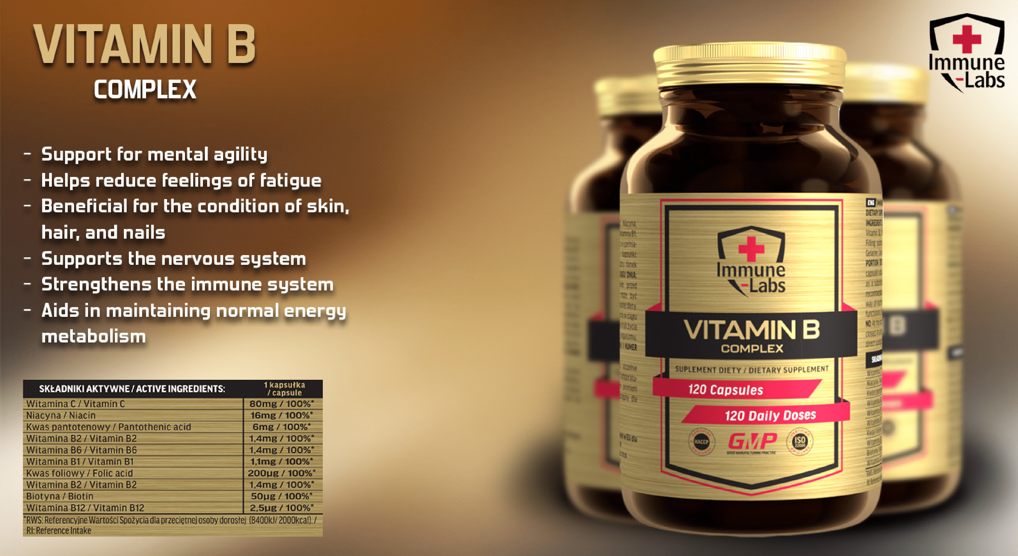 Immune Labs Vitamin B Complex, a dietary supplement with 120 capsules, supports mental agility, reduces fatigue, and aids energy metabolism. The product is presented in a brown bottle with a gold label.