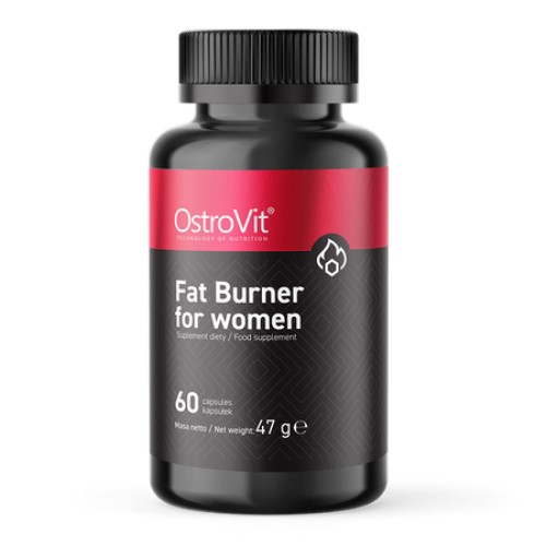 OstroVit Fat Burner for Women, a dietary supplement in capsule form, 60 capsules per bottle, designed to support weight management for women. The packaging is predominantly black with a red label.