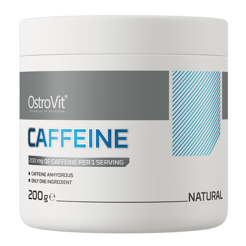 OstroVit Caffeine 200g, a white plastic container with a screw lid and minimalist OstroVit Nutrition branding