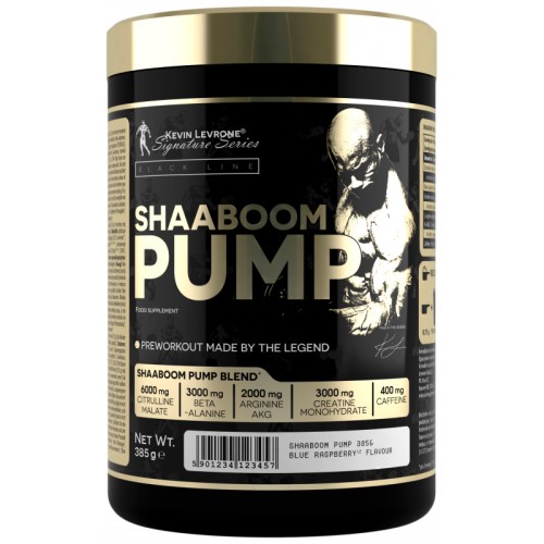 Kevin Levrone Shaaboom Pump 385g blue raspberry pre-workout supplement with creatine, beta-alanine, arginine, and caffeine, in a black and gold tub.