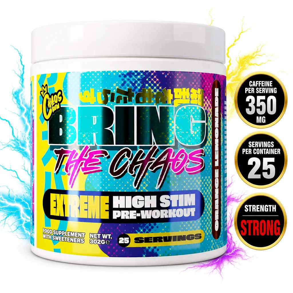 Chaos Crew Bring The Chaos Extreme pre-workout supplement, high-stimulant powder with 25 servings in a 302g tub