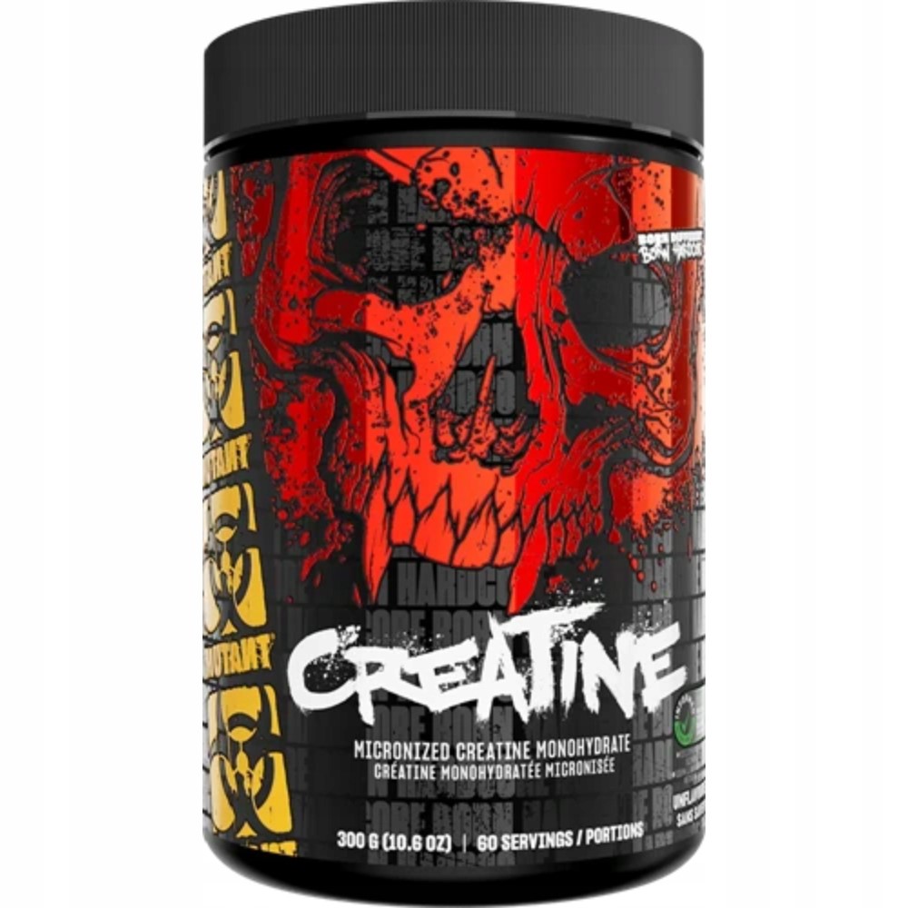 Mutant Creatine 300g micronized creatine monohydrate supplement with a bold red and black skull design, unflavored powder for muscle support.