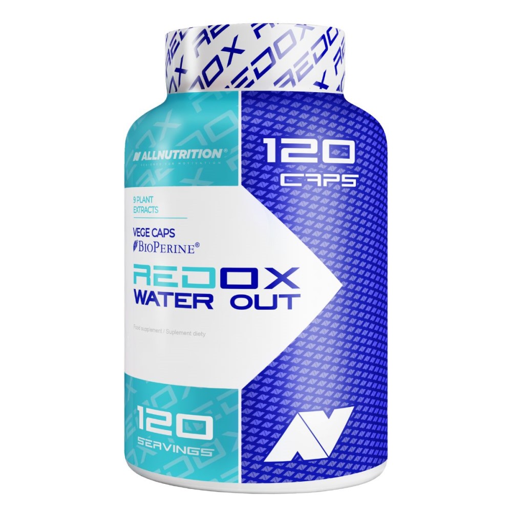 Allnutrition Redox Water Out 120 Caps dietary supplement with plant extracts and BioPerine, vege capsules, blue and white bottle.