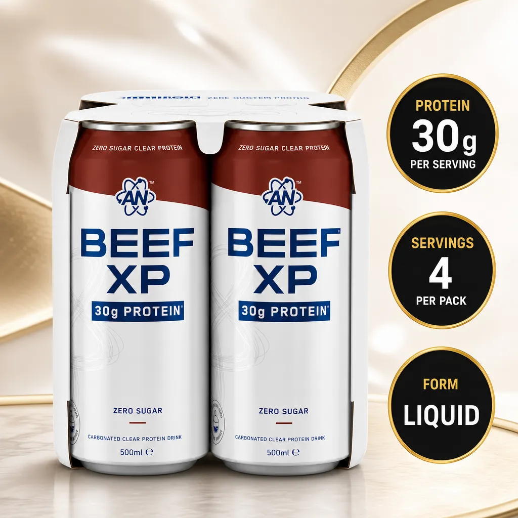 Applied Nutrition Beef-XP liquid protein drink, four 500ml cans with 30g protein per serving and zero sugar