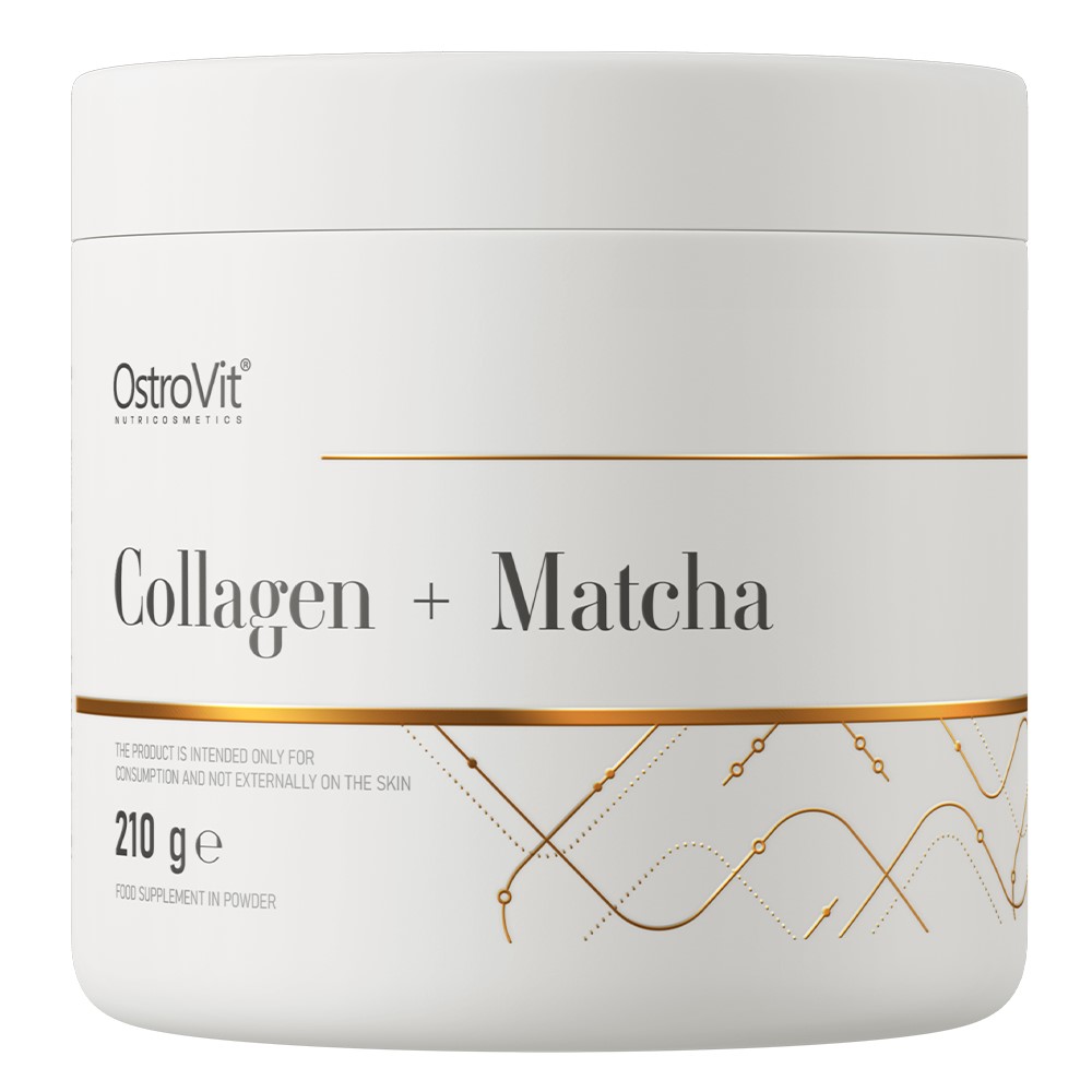 OstroVit Collagen + Matcha 210g food supplement powder, white jar with gold accents, nutricosmetics blend containing collagen and matcha.