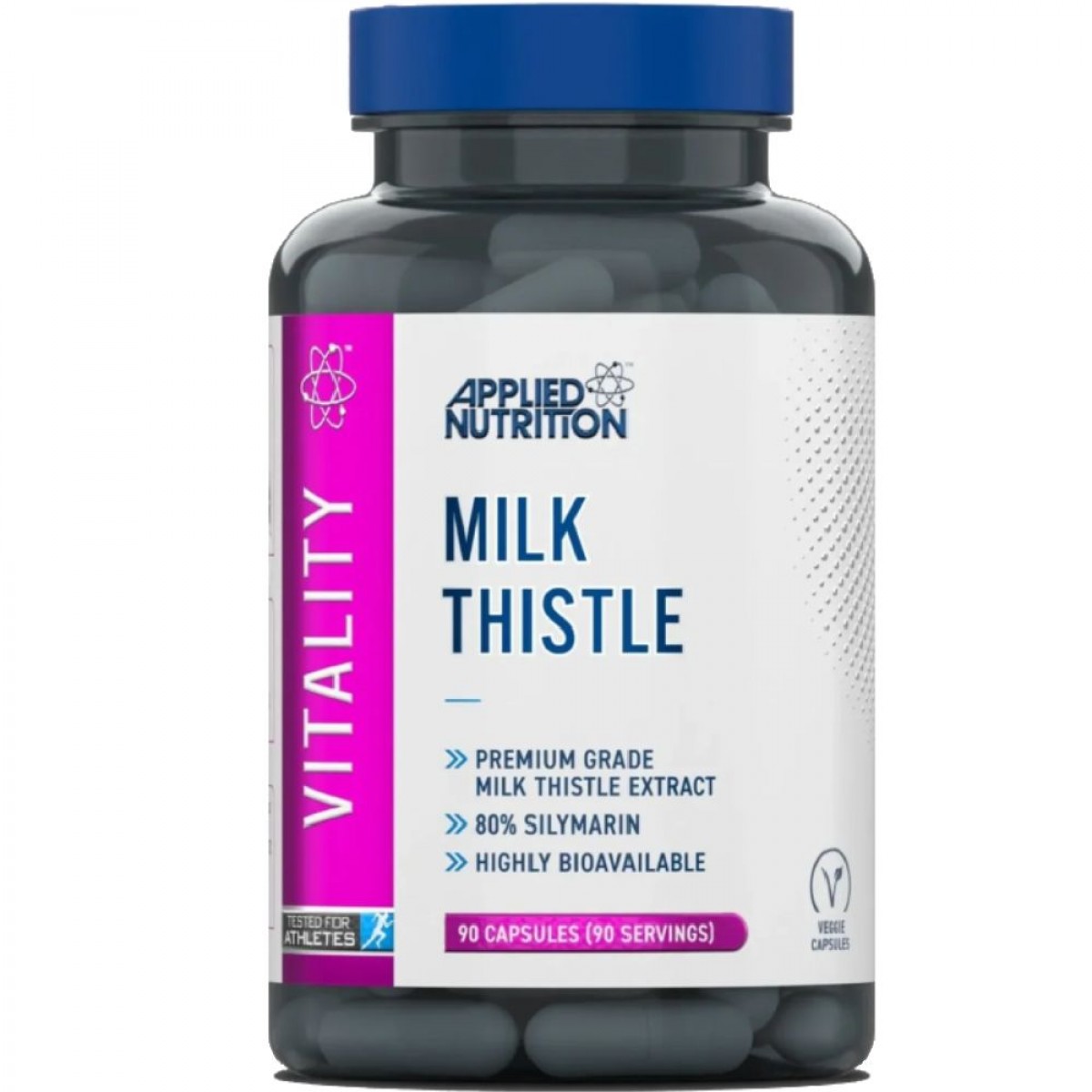 Applied Nutrition Milk Thistle 90 capsules, a dietary supplement with premium grade milk thistle extract, 80% silymarin, and high bioavailability, suitable for vegetarians.