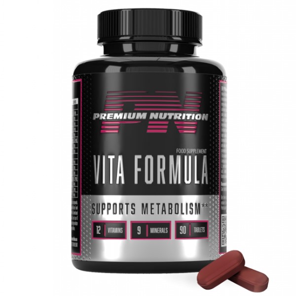 Premium Nutrition Vita Formula multivitamin and mineral supplement, 90 tablets, supports metabolism, black bottle with pink accents.
