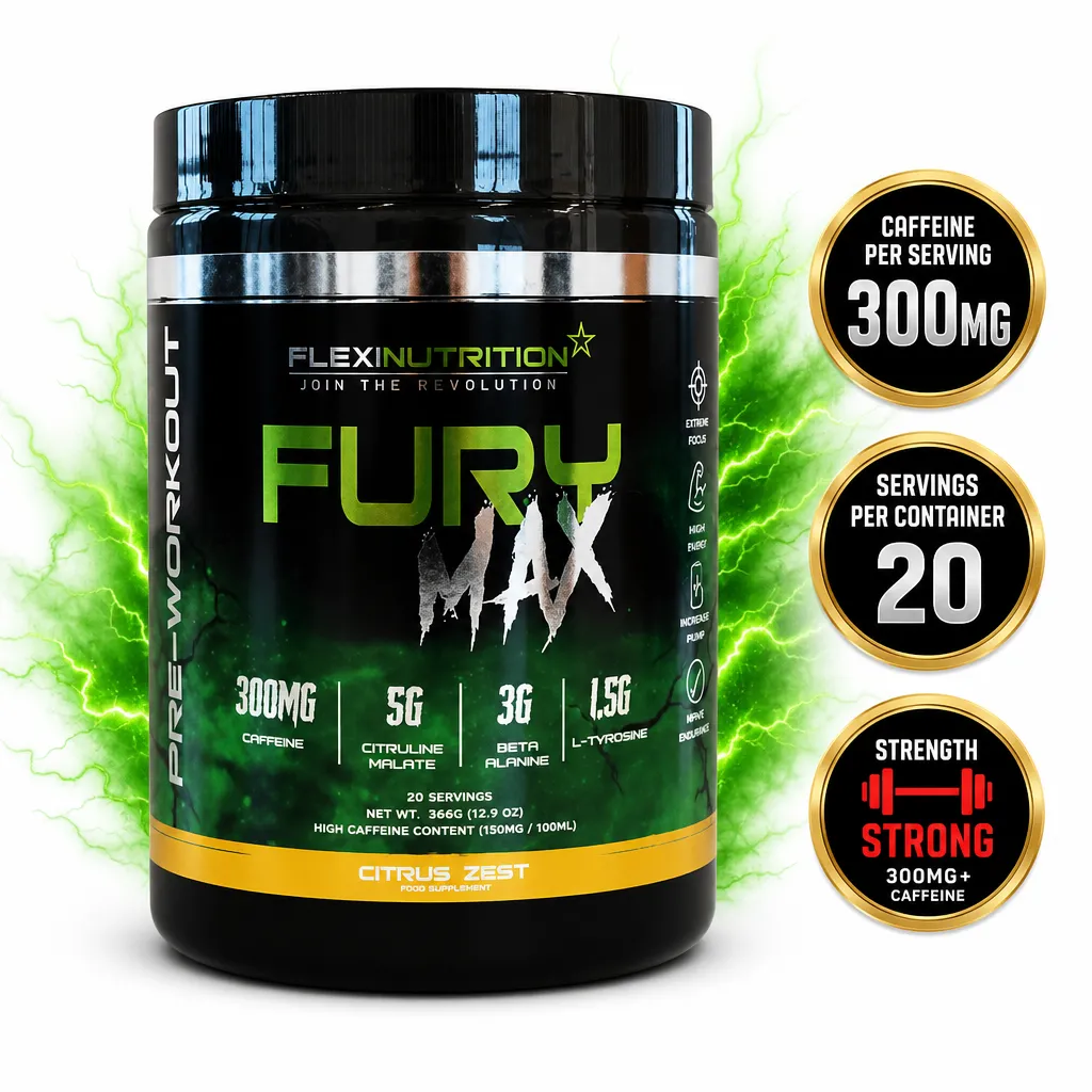 Flexi Nutrition Fury Max Pre Workout is a citrus zest pre-workout powder with 300mg caffeine and 20 servings in a black and green tub.