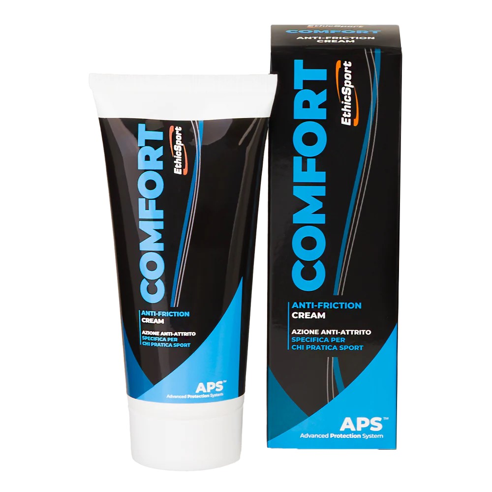 EthicSport Comfort Anti-Friction Cream 100ml tube, white packaging with blue and orange accents, 100ml size