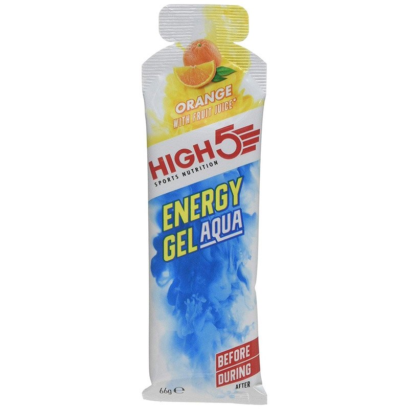 High5 Energy Gel Aqua 66g orange flavour sports nutrition gel with fruit juice, designed for energy during endurance activities. The packaging is predominantly white and blue with orange accents.