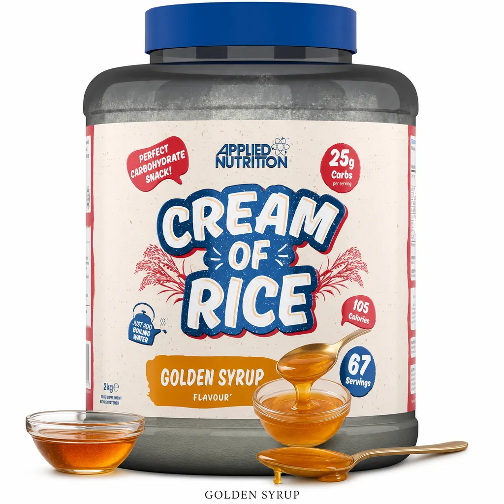 Applied Nutrition Cream Of Rice 2000g Golden Syrup flavour carbohydrate supplement, gluten-free, low sugar, vegan-friendly, in a large tub with 67 servings.