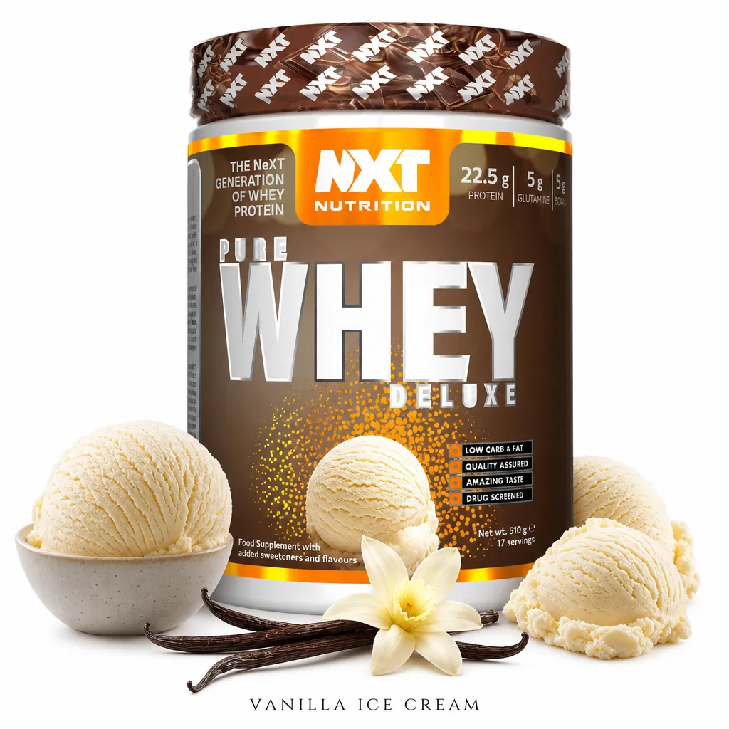 NXT Nutrition Pure Whey Deluxe 510g Vanilla Ice Cream is a premium whey protein powder featuring a triple whey blend, BCAAs, glutamine, and digestive enzymes.