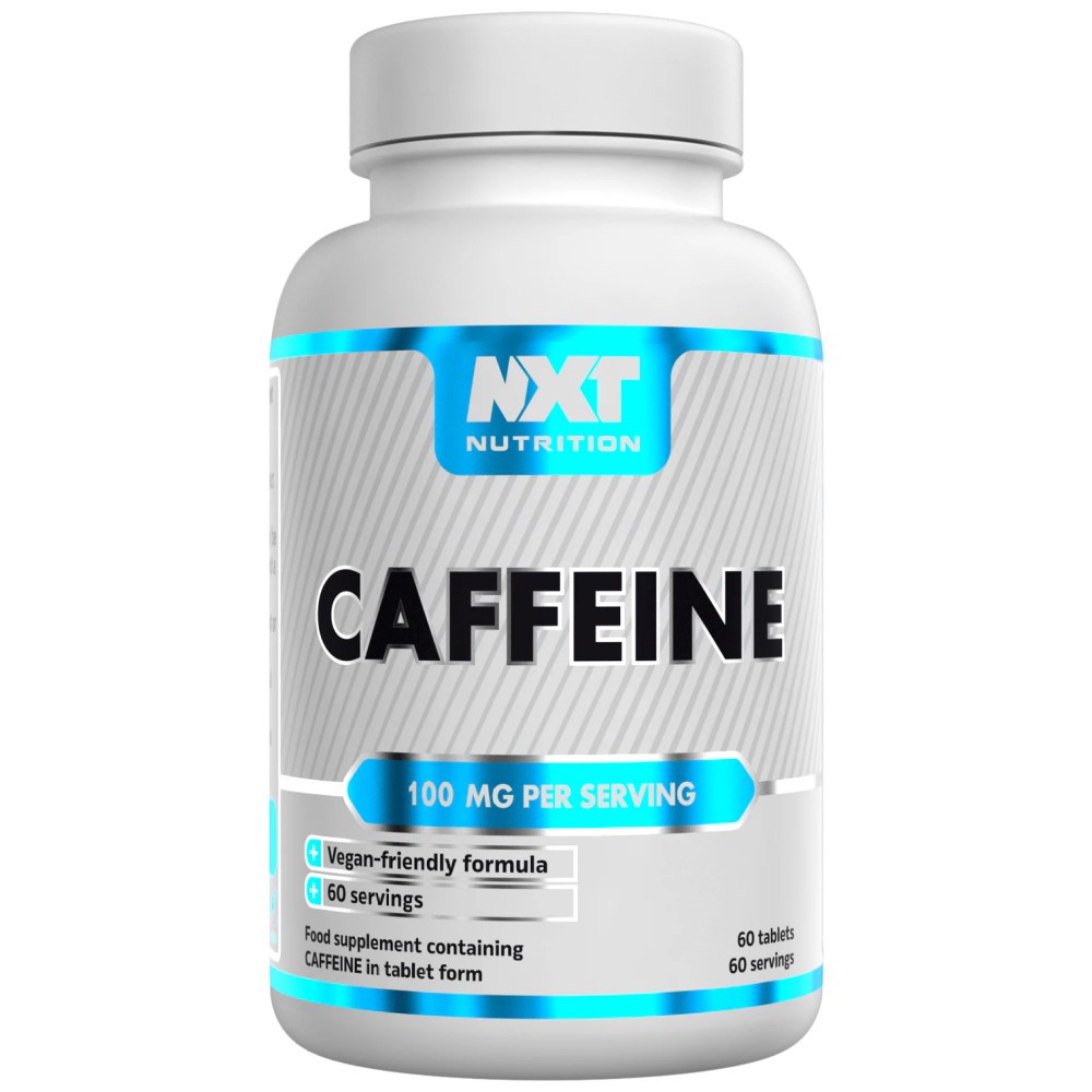 NXT Nutrition Caffeine 60 Tabs bottle, white container with label, containing 60 vegan-friendly caffeine tablets