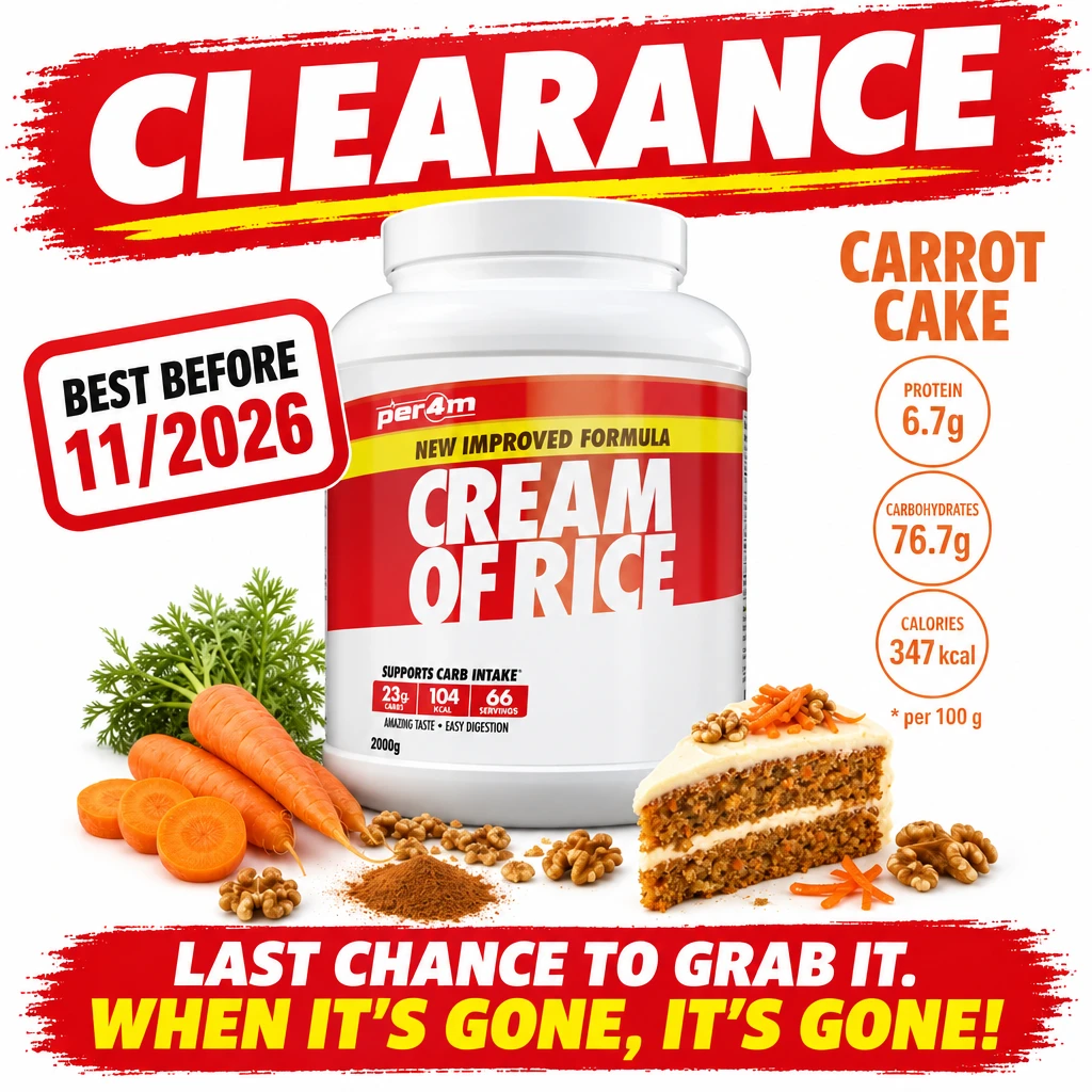 Per4m Cream of Rice 2000g Carrot Cake flavour in a white tub, with carrot cake imagery and best-before date 11/2026.