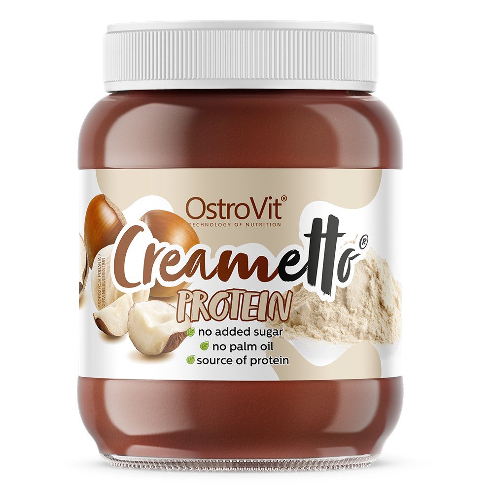 OstroVit Creametto Protein hazelnut-flavour protein spread with no added sugar, no palm oil, and a source of protein, in a brown jar with a white lid.