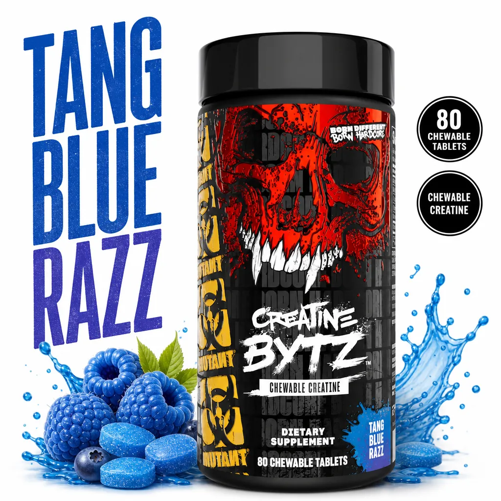 Mutant Creatine Bytz Chewables 80 Tabs in Tangy Blue Razz flavour, chewable creatine supplement with 80 tablets