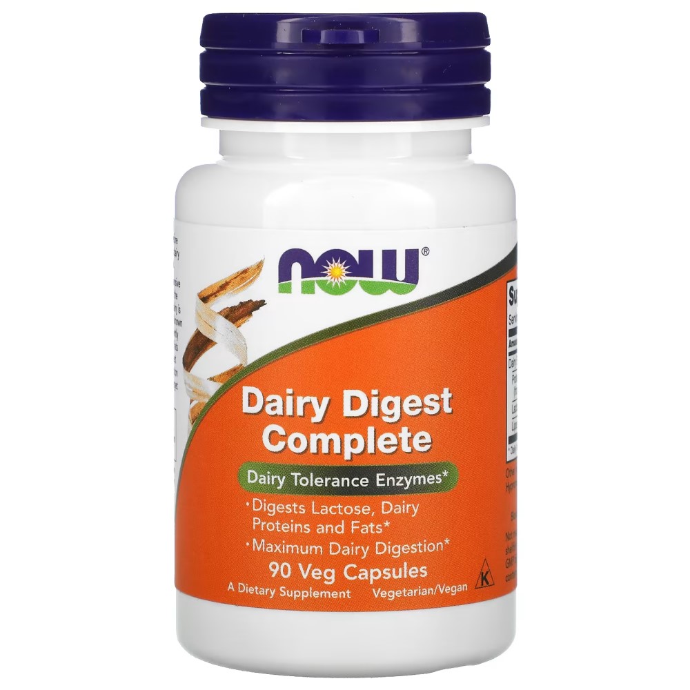 NOW Dairy Digest Complete 90 Veg Capsules dairy tolerance enzyme supplement for lactose, dairy proteins, and fats digestion, vegetarian and vegan friendly, in a white bottle with orange label.
