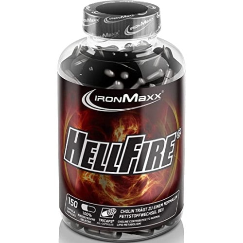 IronMaxx Hellfire Fat Burner 150 caps dietary supplement with choline, designed to support normal fat metabolism, in a black and fiery-themed bottle.