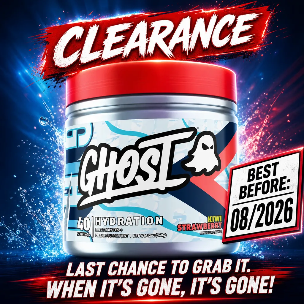 Ghost Lifestyle Ghost Hydration 40 Servings Kiwi Strawberry, electrolyte hydration powder with zero sugar, best before 08/2026, in a silver tub with red lid.