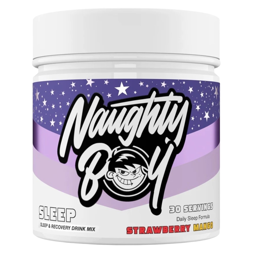 Naughty Boy Sleep is a 405g sleep and recovery drink mix in strawberry mango flavour, designed as a daily sleep formula. The packaging features a purple and white design with stars.