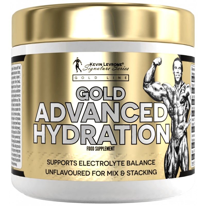 Kevin Levrone Gold Advanced Hydration 270g unflavoured electrolyte supplement, supports electrolyte balance, food supplement in a gold and white tub.