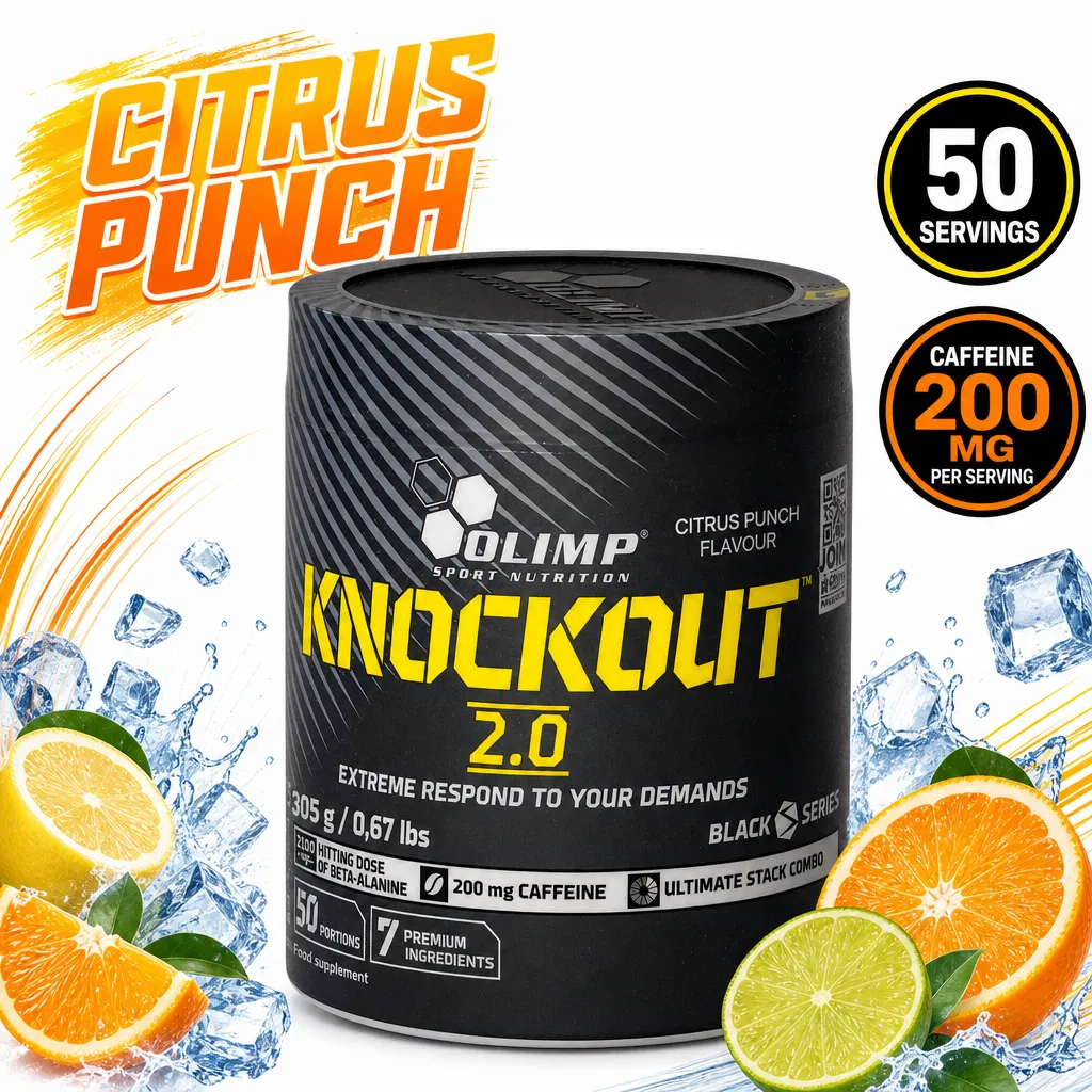 Olimp Knockout 2.0 pre-workout powder, 305 g, Citrus Punch flavour, in a black container with 50 servings