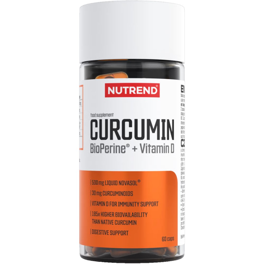 Nutrend Curcumin BioPerine + Vitamin D food supplement, 60 liquid capsules, with curcuminoids, BioPerine, and vitamin D for immunity and digestive support, in a white and orange bottle.