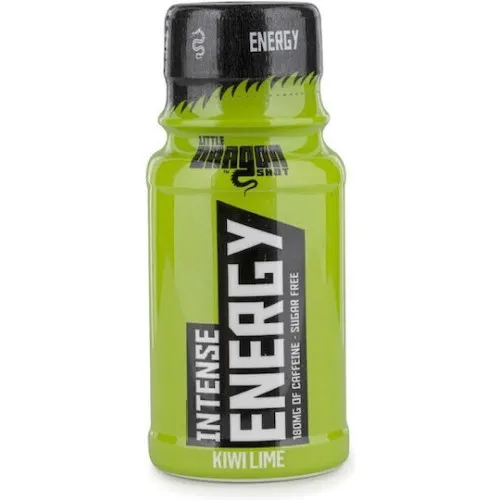 Little Dragon Intense Energy Kiwi Lime energy shot with 180mg caffeine, sugar free, in a bright green bottle.