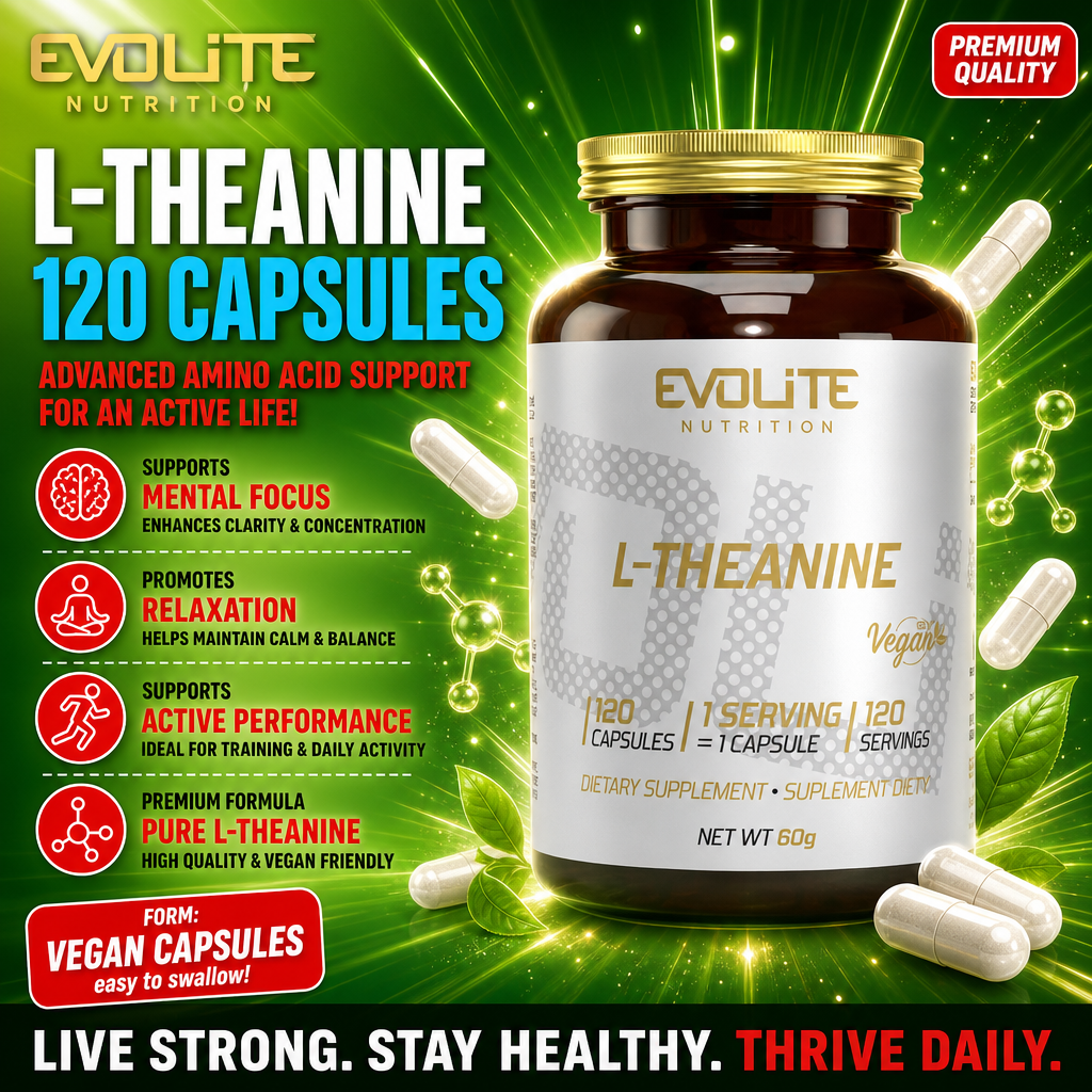 Evolite L-Theanine 120 capsules vegan dietary supplement, supports mental focus, relaxation, and active performance, premium formula, green-themed packaging.