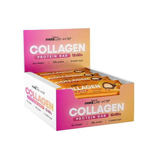 HIRO.LAB Collagen Protein Bar 12x50g collagen and protein supplement in an orange and pink box