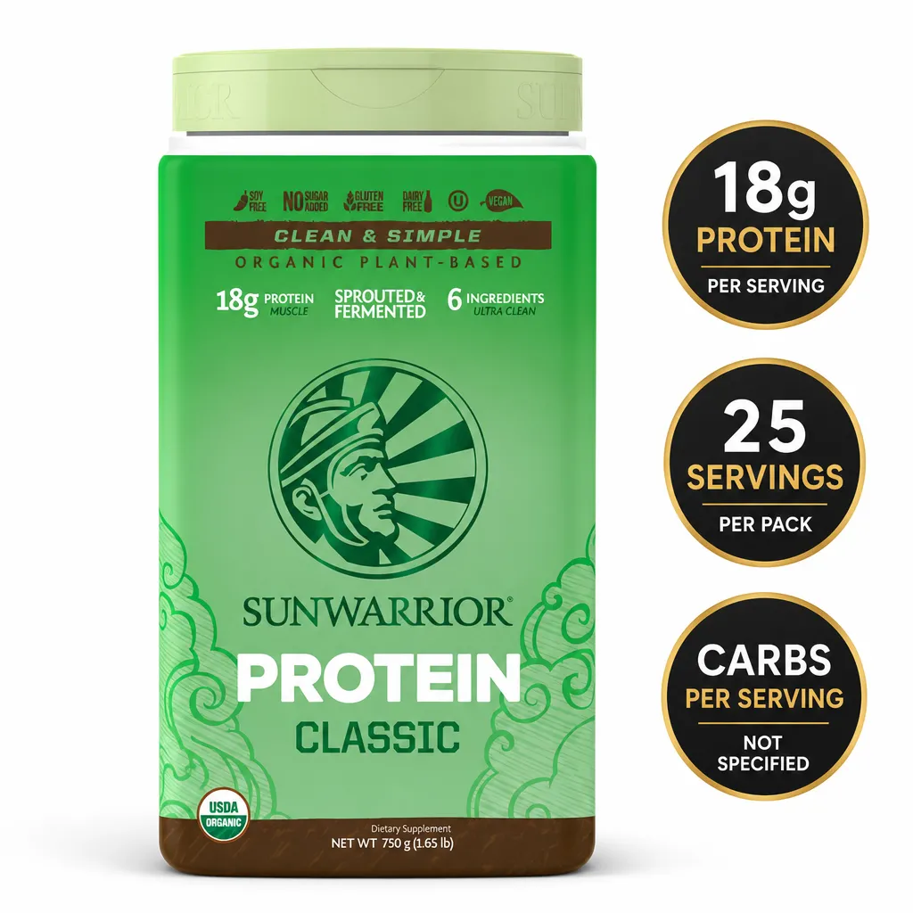 Sunwarrior Protein Classic Organic 750g plant-based protein powder in a green tub, with 18g protein per serving.