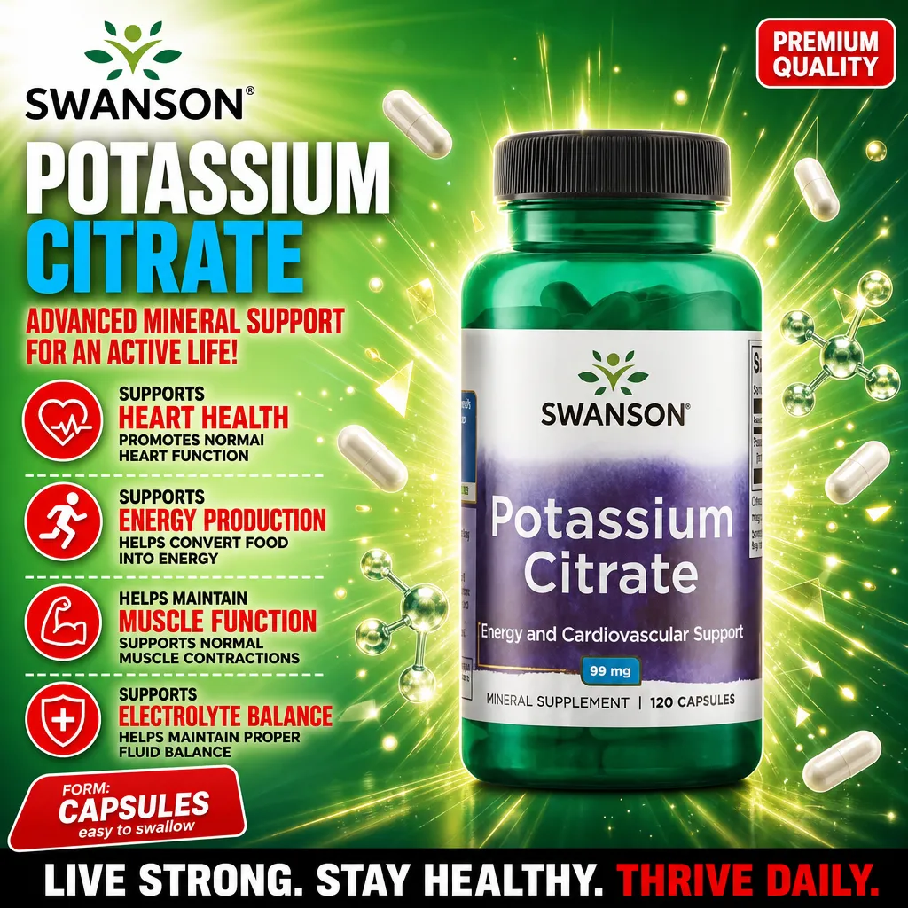 Swanson Potassium Citrate 99mg 120 capsules mineral supplement for energy and cardiovascular support, shown in a green bottle with capsules and a vibrant green background.