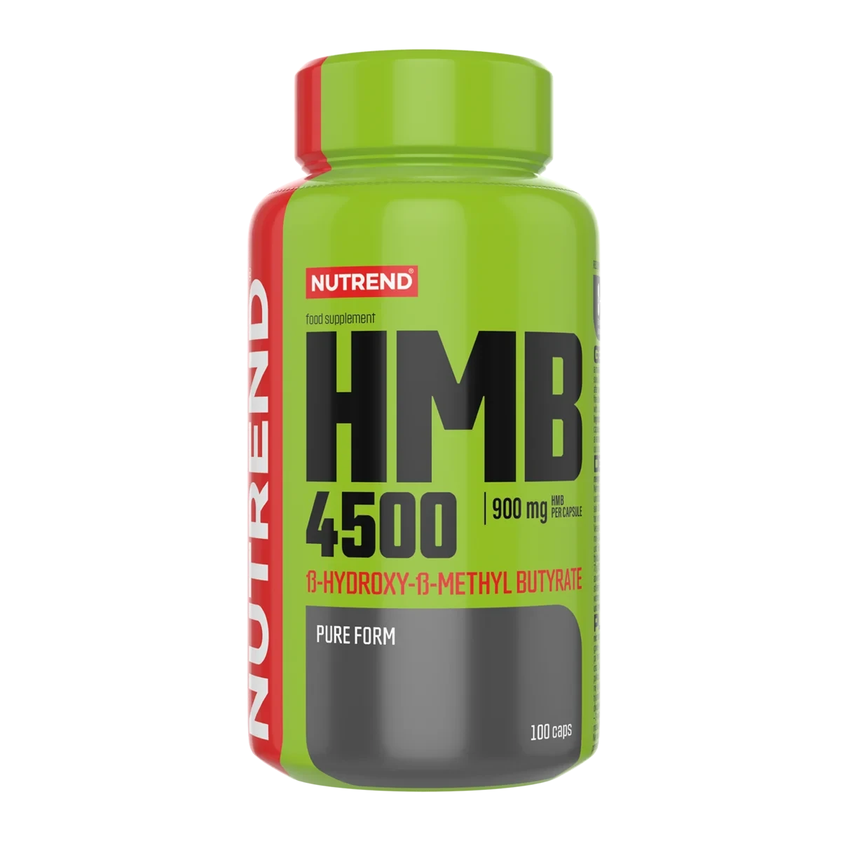 Nutrend HMB 4500 100 Caps dietary supplement, featuring 900 mg HMB per capsule for muscle growth and recovery, in a green and red bottle.
