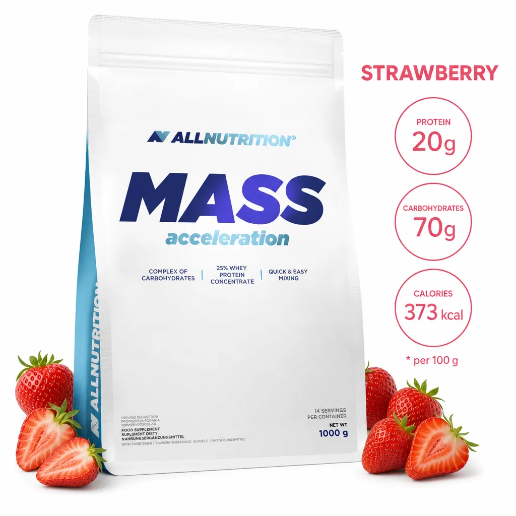 Allnutrition Mass Acceleration 1000g strawberry flavour mass gainer supplement with whey protein concentrate, complex carbohydrates, and 373 kcal per 100g.