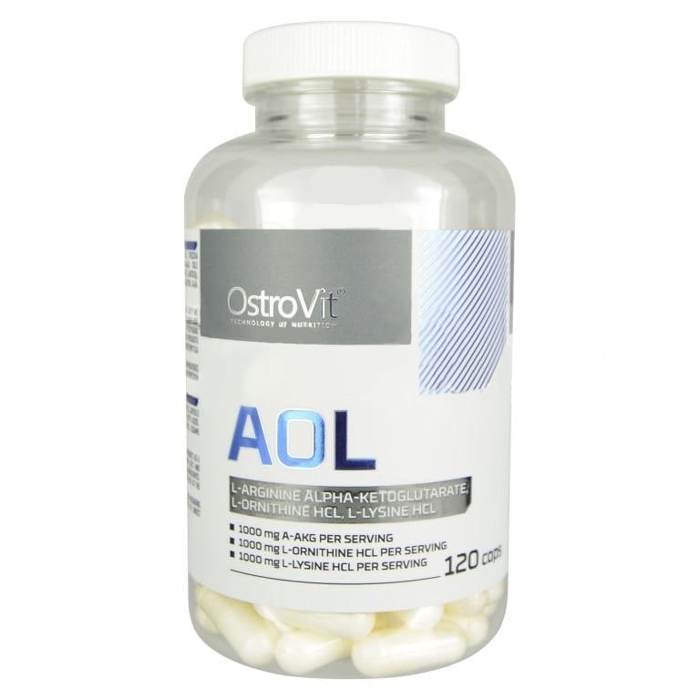 OstroVit AOL 120 caps amino acid supplement with L-arginine alpha-ketoglutarate, L-ornithine HCL, and L-lysine HCL, white capsules in a clear bottle.
